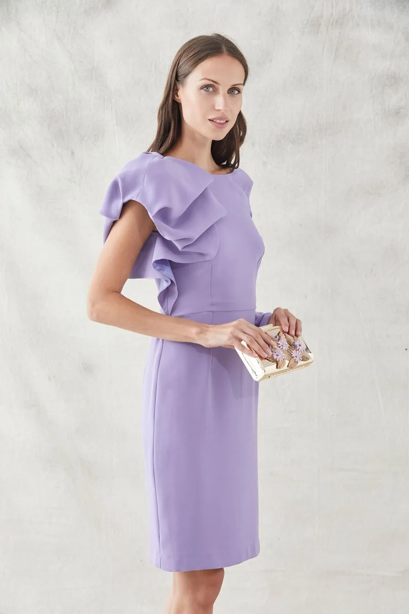 Vestido lila, clutch y diadema de flores