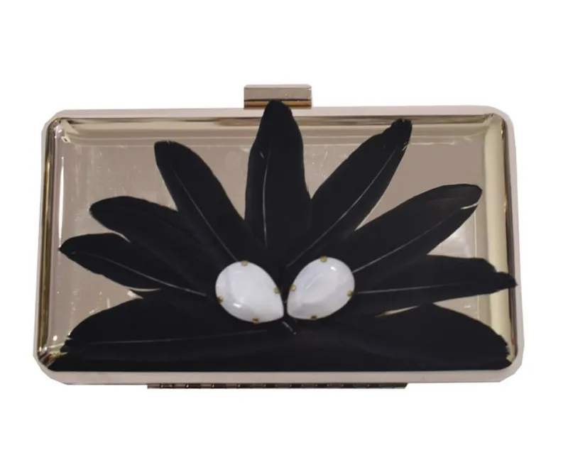 Clutch Plumas Negras y Piedras Blancas