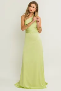 Vestido largo drapeado cintura hombro escote asimetrico verde lima
