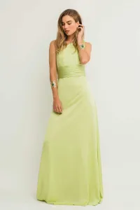 Vestido largo drapeado cintura hombro escote asimetrico verde lima