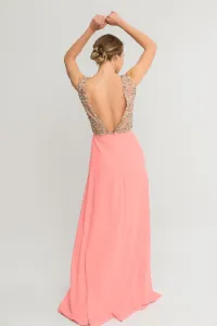 Vestido largo coral escote espalda cuerpo lentejuelas abertura