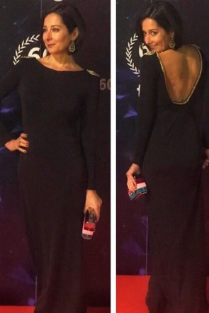 la actriz elvira cuadrupani con vestido negro largo cadenas nox y clutch joya de apparentia para la gala TVE
