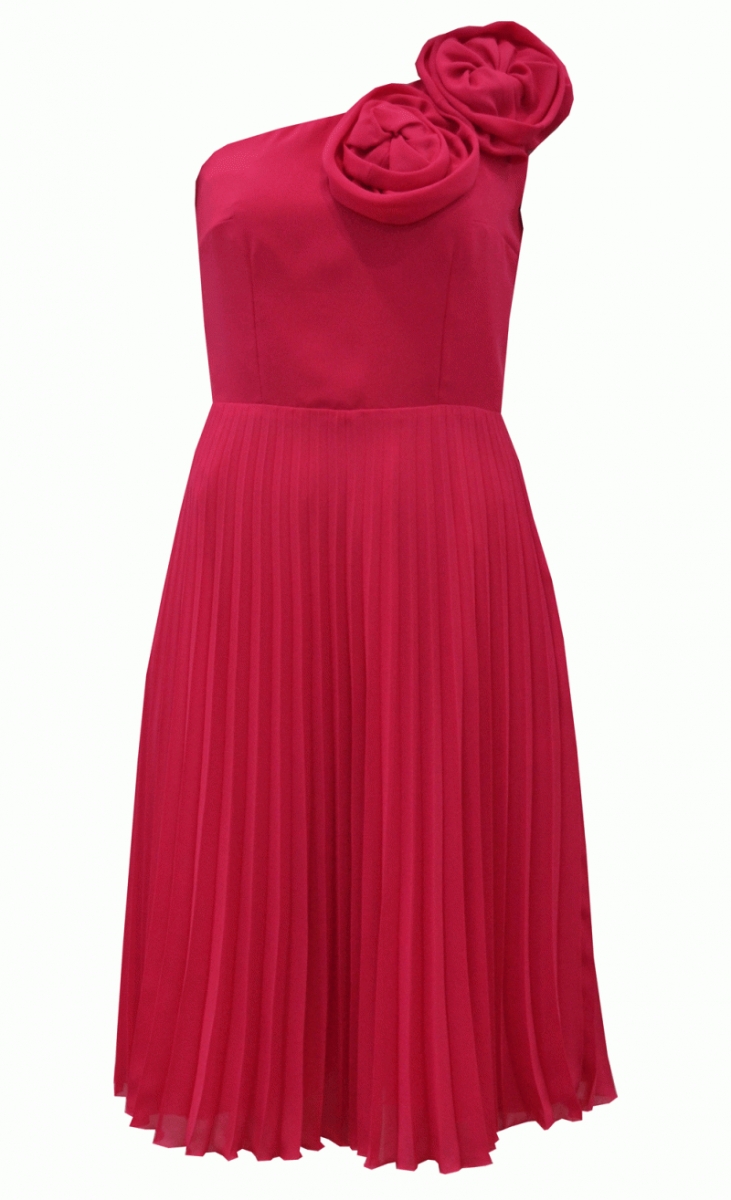 Vestido de fiesta plisado asimétrico midi rosa