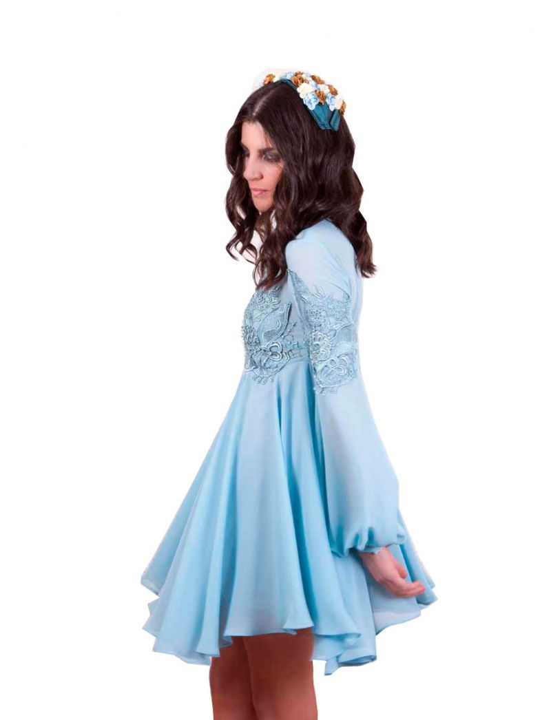 Vestido gasa y guipur de vuelo azul cielo de bouret