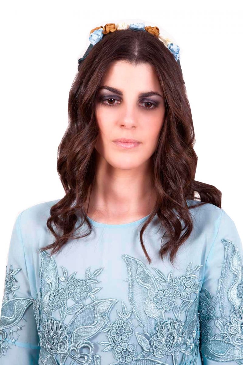 vestido fiesta boda de gasa y guipur en azul cielo de Bouret
