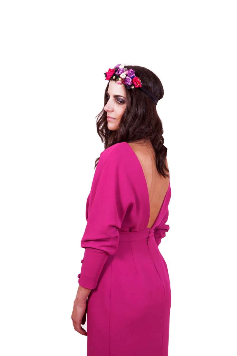 vestido fiesta boda largo fucsia escote espalda de bouret
