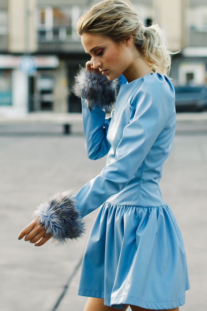 vestidos cortos polipiel  azul claro mang larga manguitos pelo shopping