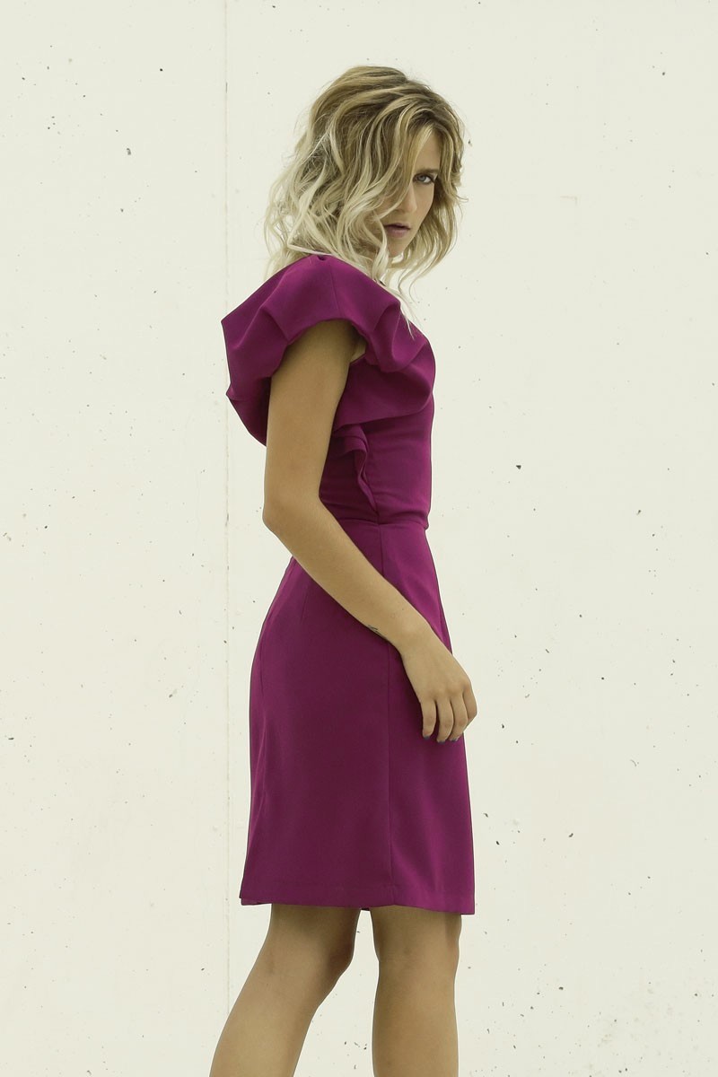 comprar vestido corto frambuesa manga larga y manga abullonada en hombro 
