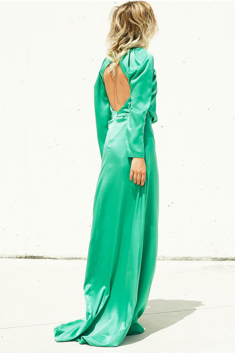 vestido nochevieja largo saten verde fiesta invitada boda elegante escote espalda comprar online