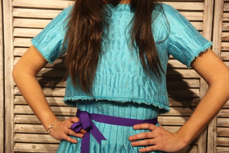 vestido dos piezas brocado de seda turquesa boda fiesta laura caicoya