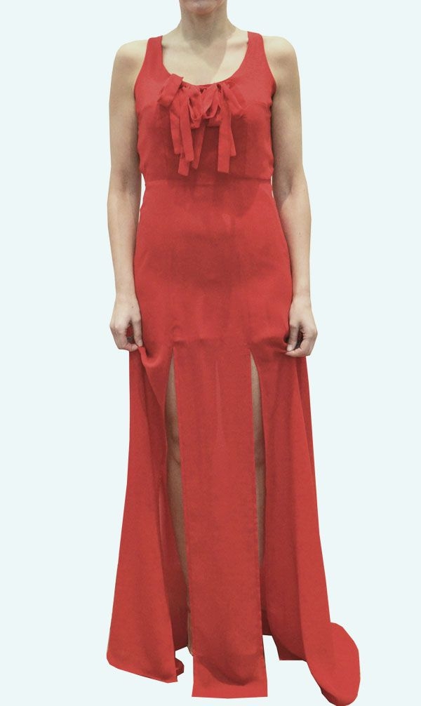 Vestido largo rojo arimoka boda frente