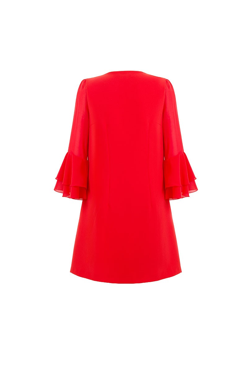 vestido fiesta corto rojo negro lazos gasa manga larga con volantes comprar online fiesta invitada