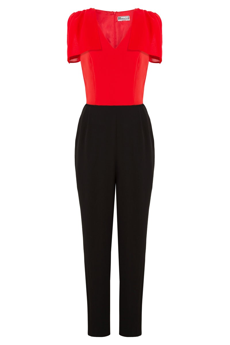 mono bicolor en rojo y negro largo realizado en crep y gasa con aplicacion de volantes en los hombros invitada boda nochevieja fiesta evento