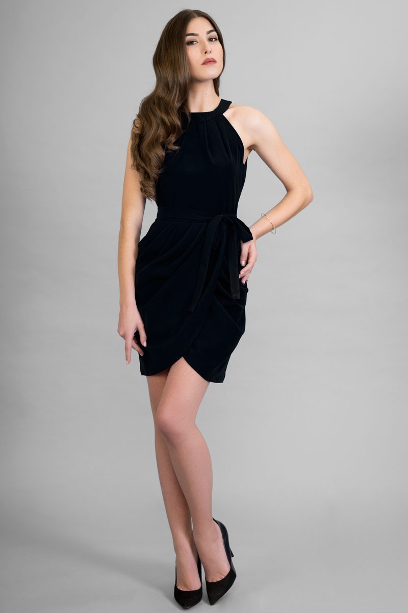 vestido fiesta corto negro escote halter falda cruzada invitada boda bautizo comunion shopping