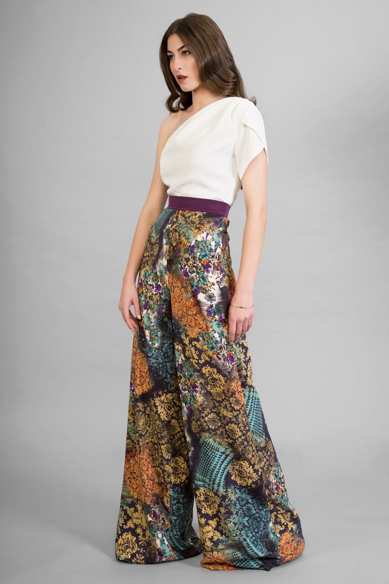 mono fiesta estampado asimetrico pernera ancha cintura marcada elegante invitada nochevieja shopping