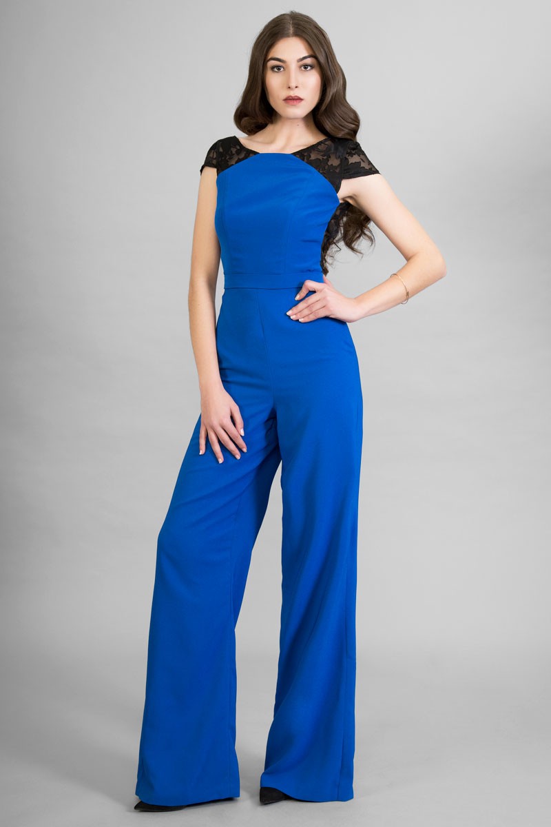 jumpsuit largo con pernera ancha  para ganar altura y escote  cuadrado en la espalda con encaje para fiesta evento coctel comunion invitada apparentia en color azul negro blanco