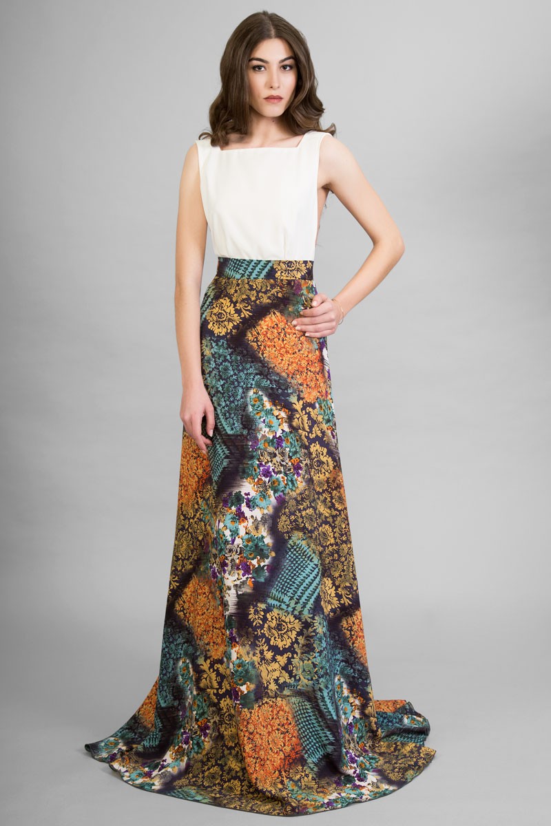 vestido estampado largo colores naranja lila verde top blanco shopping apparentia fiesta boda