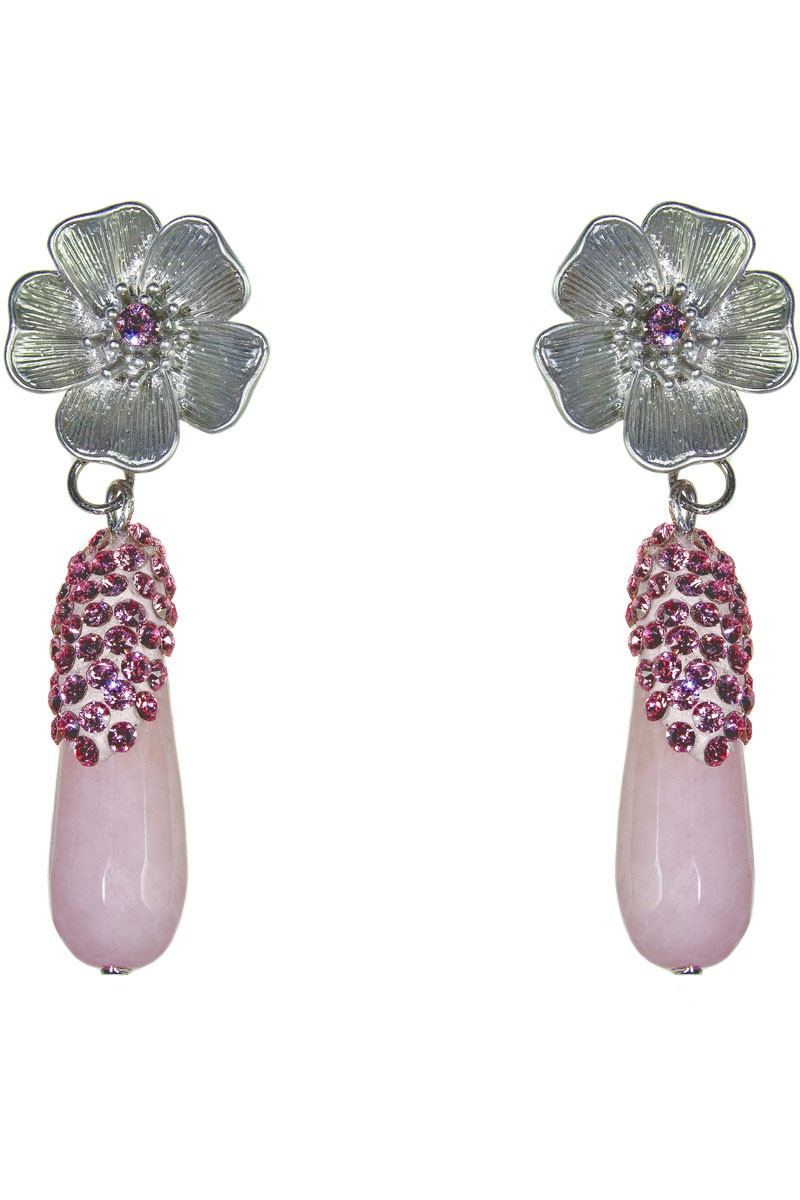 comprar online pendientes realizados a mano con una gota de jade rosa rodeada de cristales swarovski y una flor de laton en plata envejecido para invitadas boda comunion bautizo fiestas de legorburu para apparentia