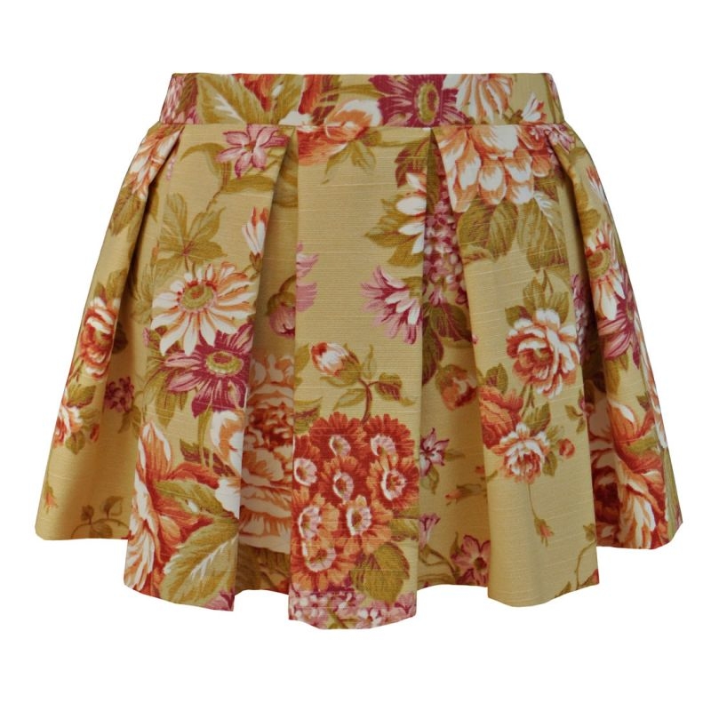 falda corta d evuelo con estampado de flores rosas verdes biege de jose matteos