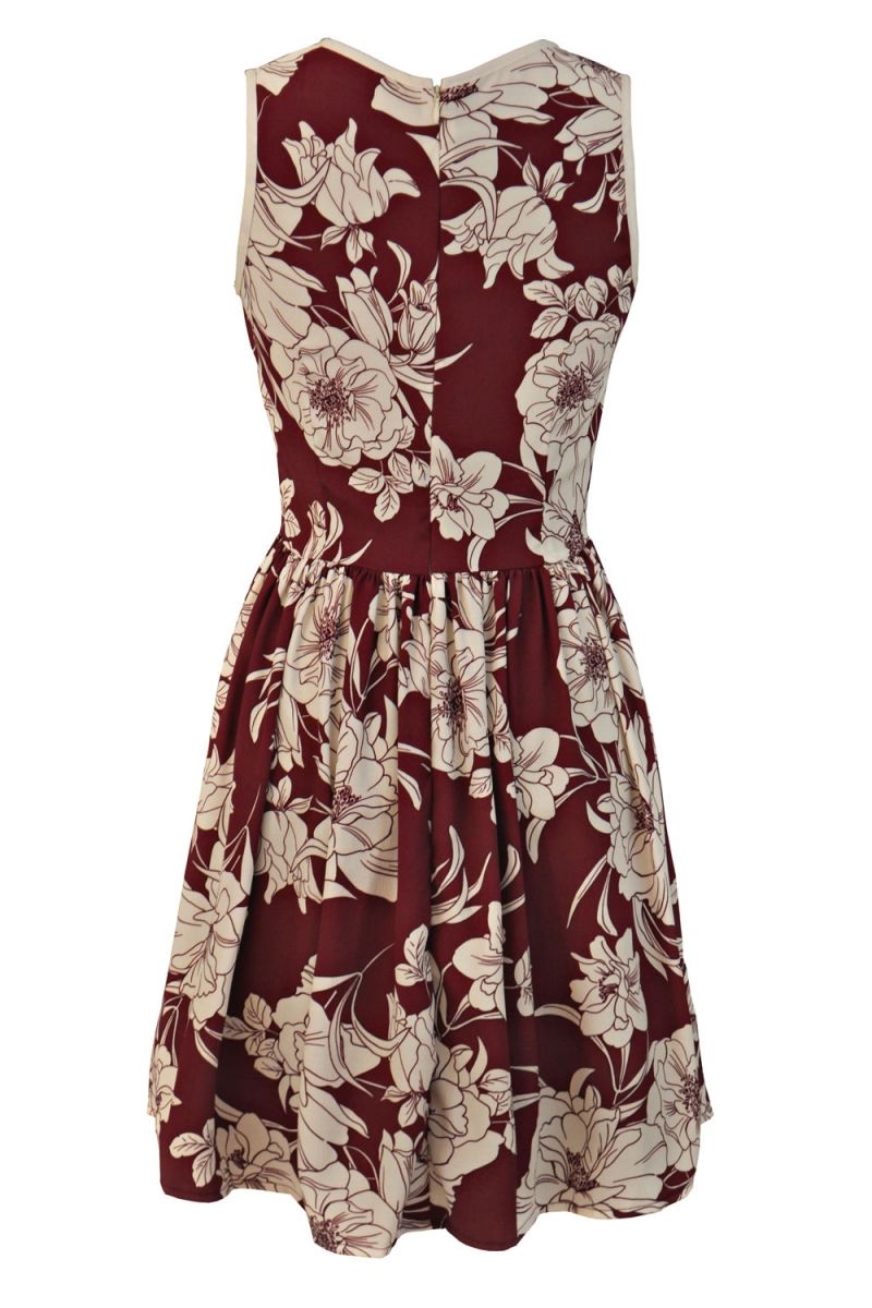 vestido granate corto vuelo con detalles florales