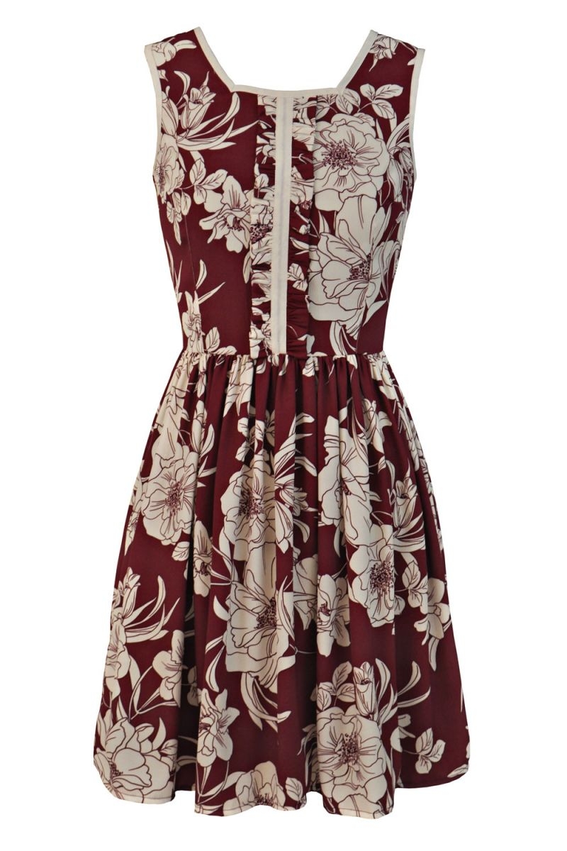 vestido corto vuelo granate con flores beige