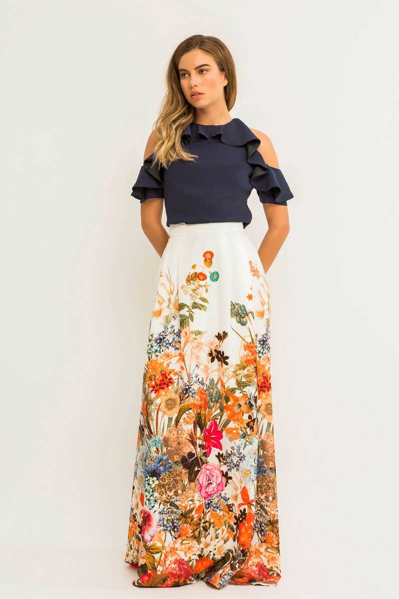 Maxi falda fluida larga blanca con estampado flores para invitada de boda comunion bautizo fiesta de largo coctel moda espanola