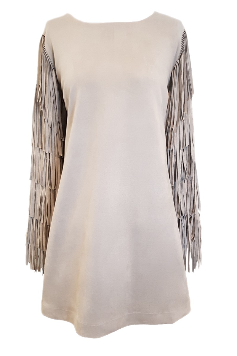 vestido antelina gris de manga larga con flecos ideal invitada de boda de dia bautizo comunion chic elegante casual oficina fiesta evento convencion shoponline apparentia collection