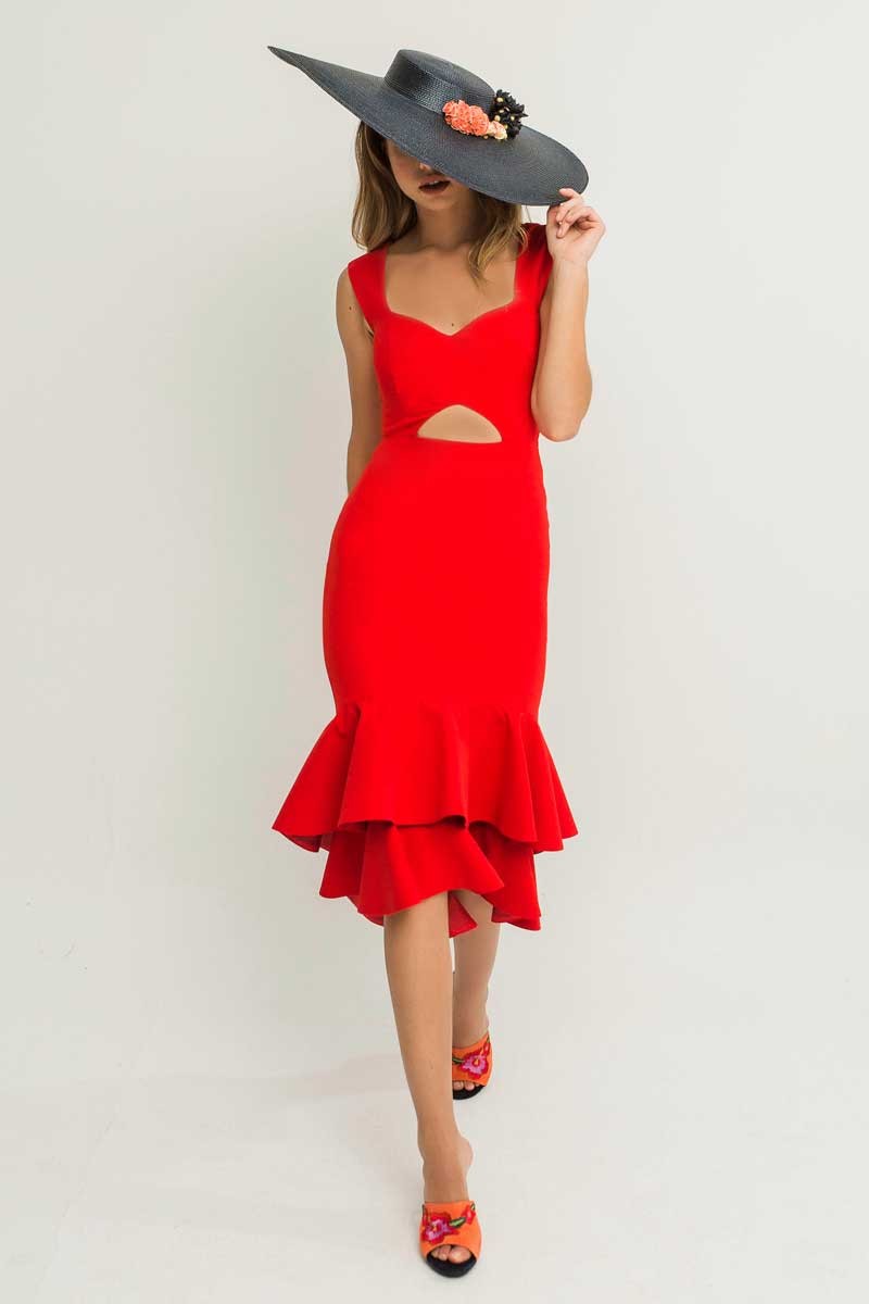 Vestido Corto Crepe Rojo Escote Corazon Abertura Falda Volantes