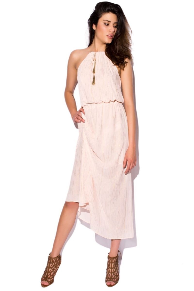 vestido rosa palo y dorado largo de tirante