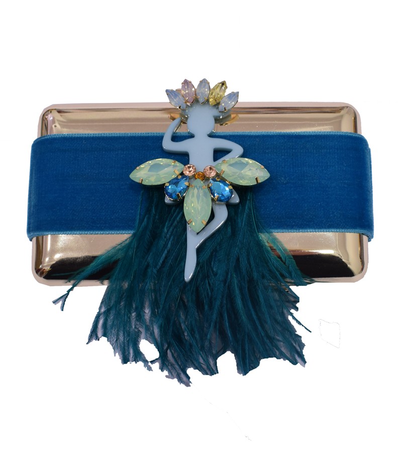 comprar online bolso de fiesta de plumas verde agua con tira de terciopelo y adorno de bailarina joya con piedras de colores para invitada boda bautizo comunion shoponline apparentia