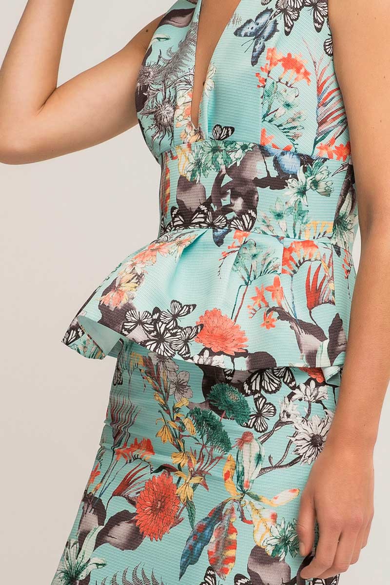 Comprar online vestido estampado de mariposas tejido otoman con peplum para madrinas dama de honor invitada de boda de verano fiesta
