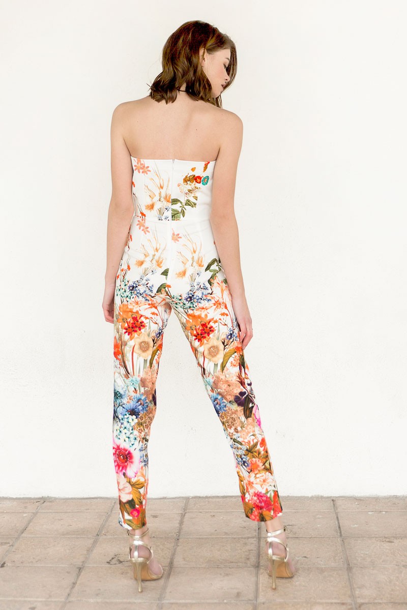 comprar online mono de fiesta estampado escote palabra de honor en pico con peplum para invitadas apparentia