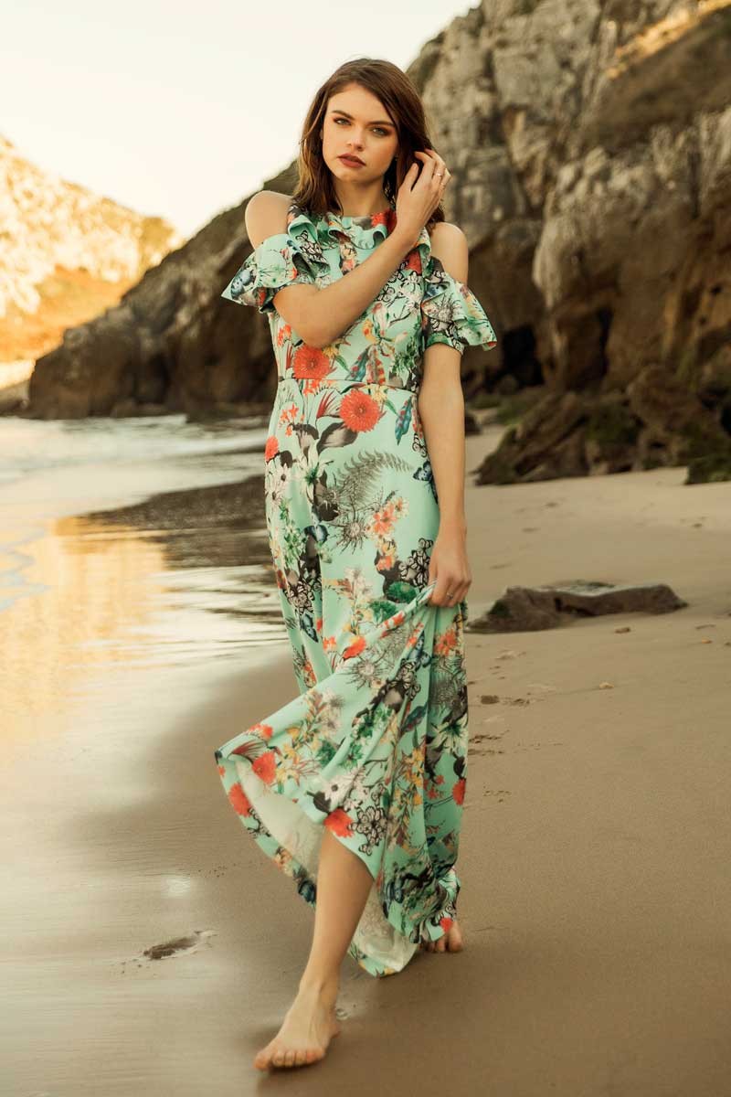 Vestido de verano para mujer para playa noche estampado floral largo sin  hombros elegante Vestidos Ropa Mujer 