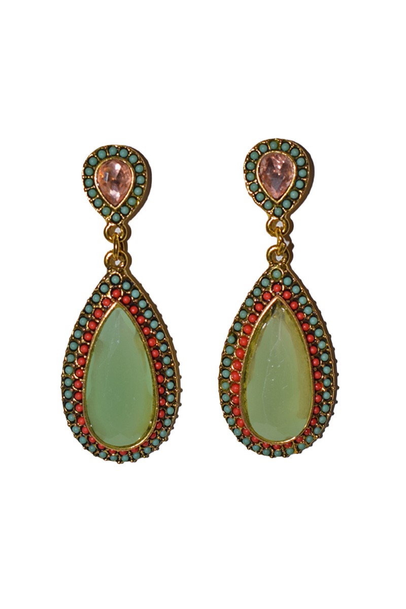 pendientes lagrima verde con piedras coral y aguamarina de apparentia complemento ideal