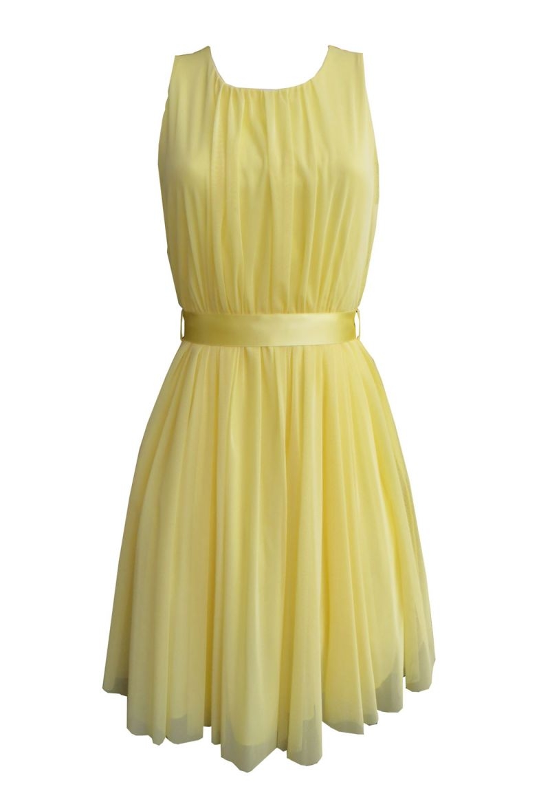 vestido corto fiesta con falda de tul color amarillo de centella