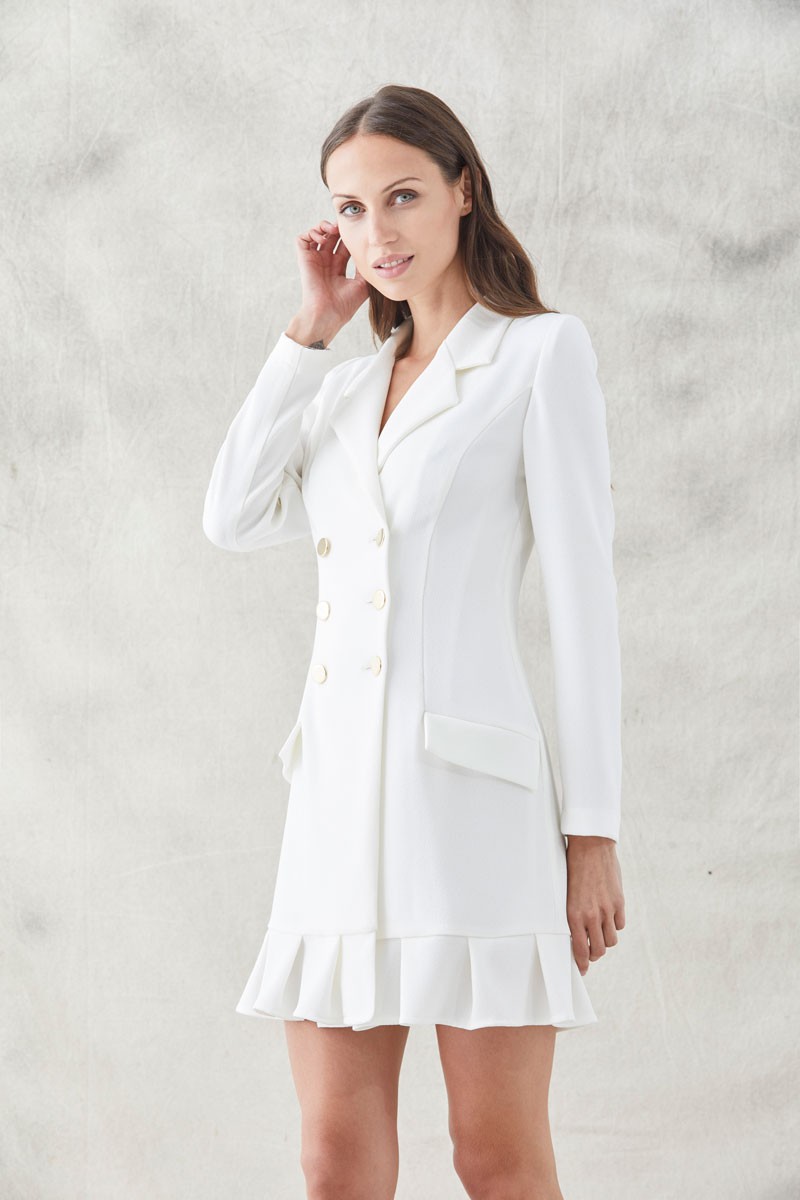 comprar vestido esmoquin corto de color blanco de manga larga y con volante en la falda para eventos reuniones fiestas