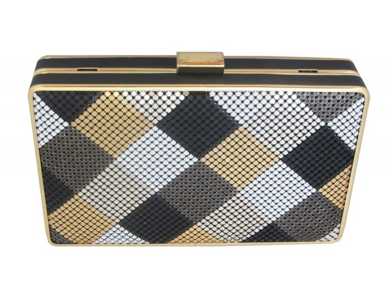 Black and white gold and silver toned party handbag