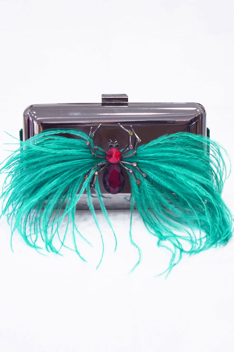 clutch base plata plumas aguamarina y aracnido piedra roja para eventos fiestas invitadas apparentia