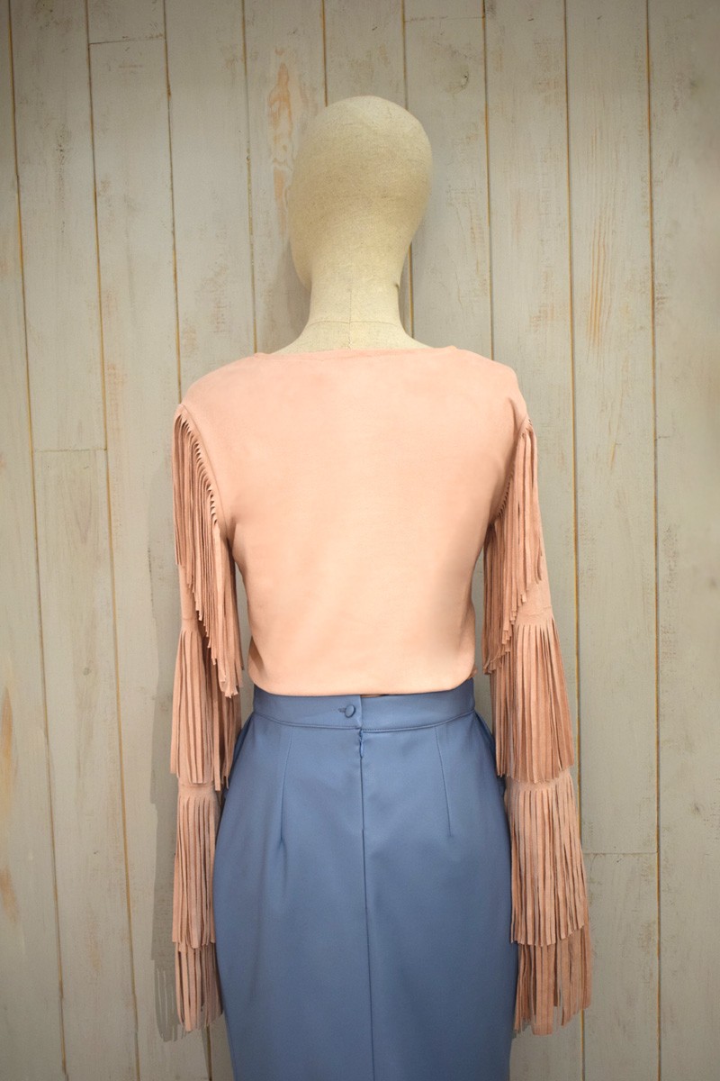 comprar online jersey antelina rosa con flecos en mangas para combinar con blusas y pantalones para invitadas de fiesta eventos bodas coctel de apparentia