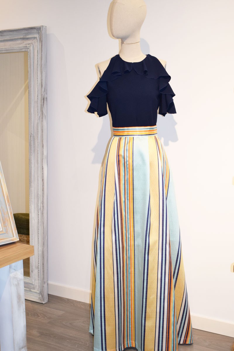 falda rayas larga blanco amarillo naranja maxi falda elegante invitadas bodas eventos apparentia