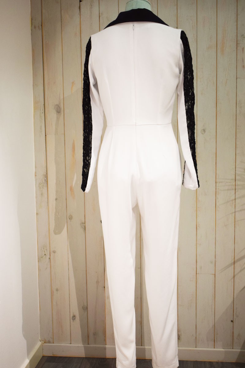 jumpsuit blanco y negro esmoquin con mangas de encaje ideal para ocasiones especiales eventos apparentia
