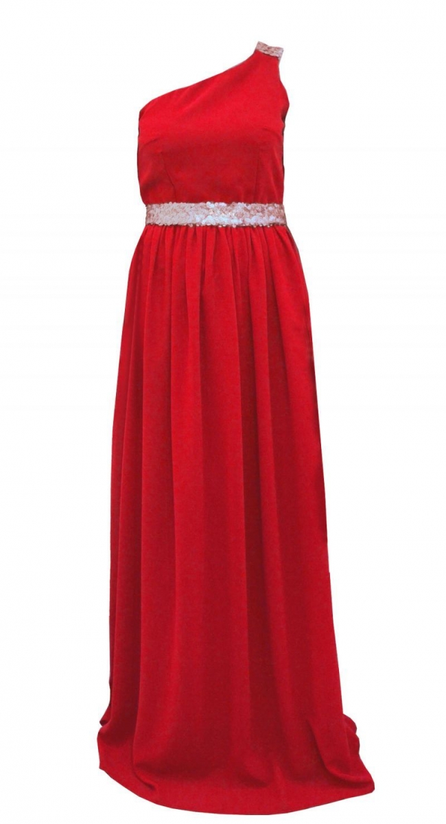 vestido largo rojo asimetrico con lentejuelas en hombro y cinturon