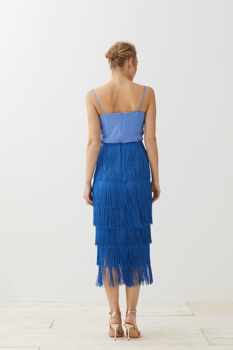 shopping online faldas flecos azul para eventos invitadas apparentia largo midi flecos algodon