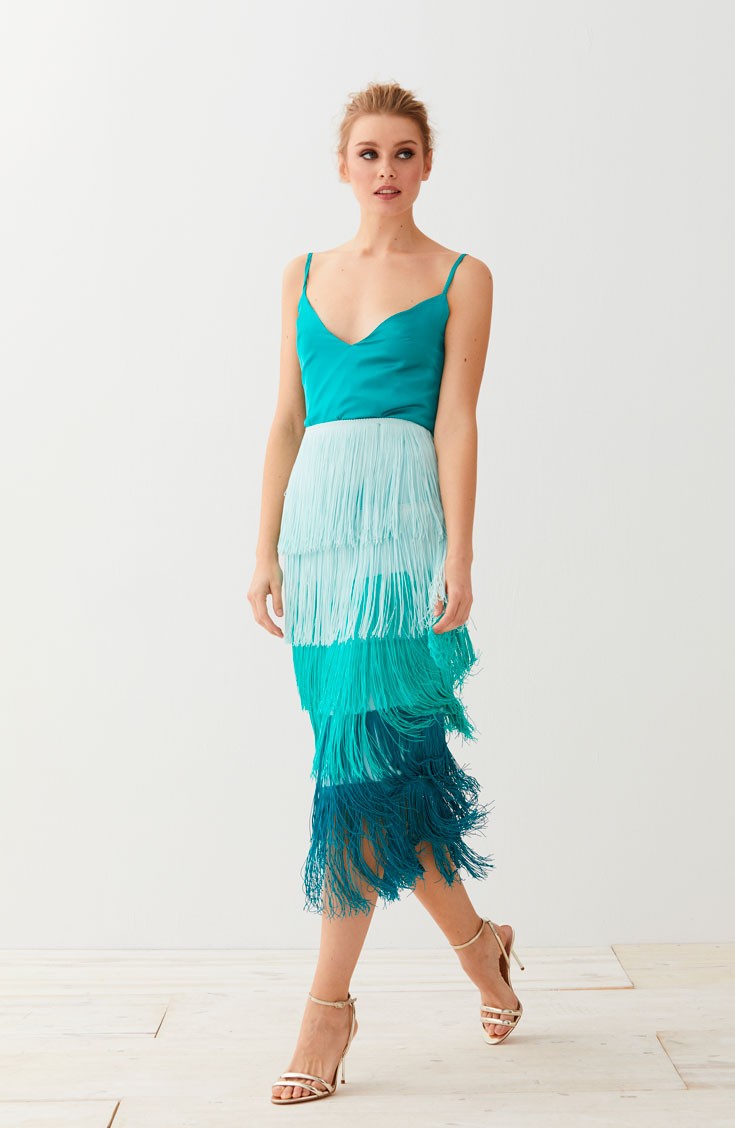 aquamarine fringed skirt. Ideal set for wedding guests