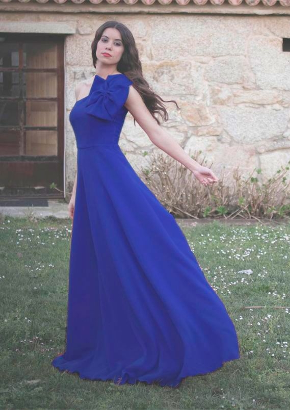 Vestido de fiesta asimetrico largo azul para boda