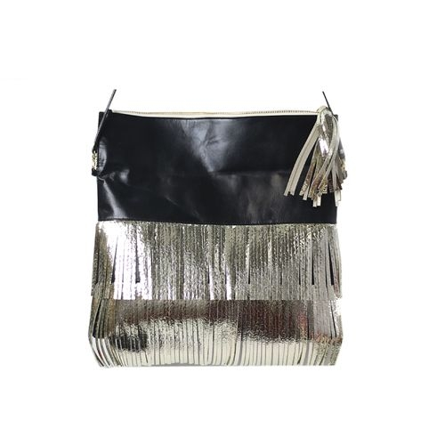 Cartera de mano piel metalizada dorada flecos