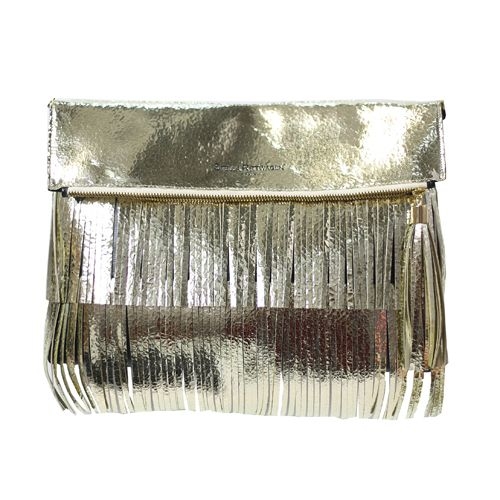 Cartera de mano piel metalizada dorada flecos