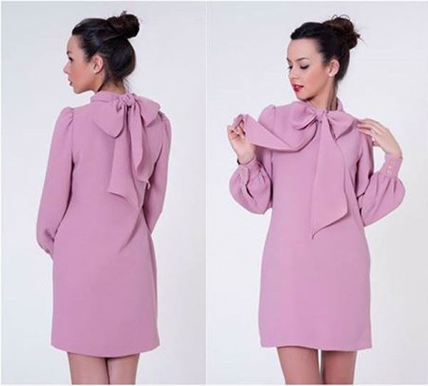 vestido rosa palo con lazada al cuello de blancaspina