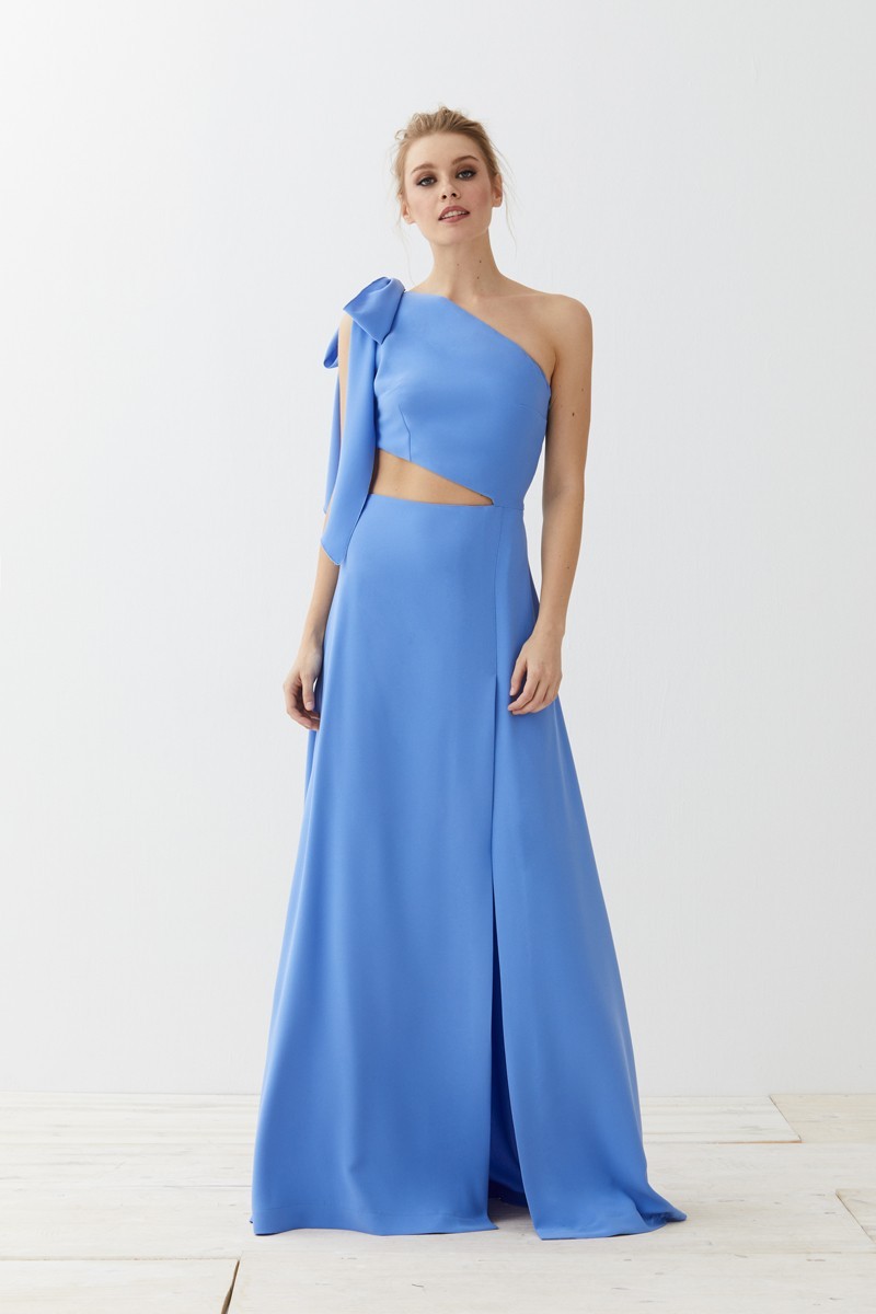 comprar online Vestido de fiesta largo azul con abertura en abdomen y lazada para invitadas boda, gala, evento, alfombra roja, de apparentia