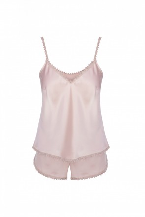 comprar online conjunto corto de top y pantalon color rosa de saten brillante con tira bordada en ganchillo